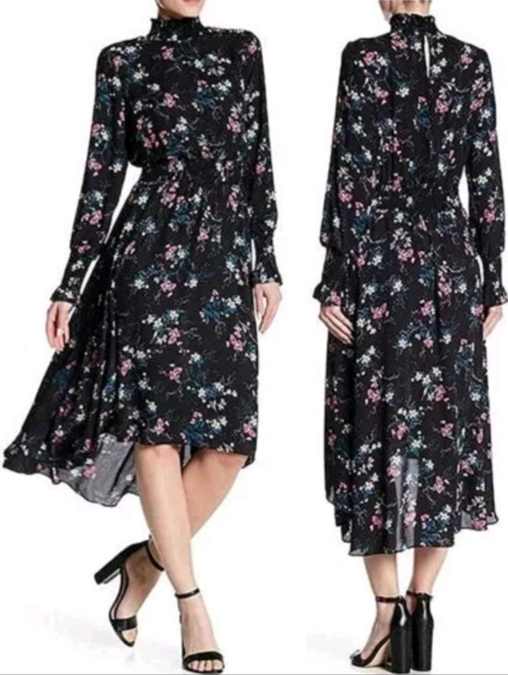 Nanette Lepore Dress High Low Floral Smocked Raised Neck 10 Black
